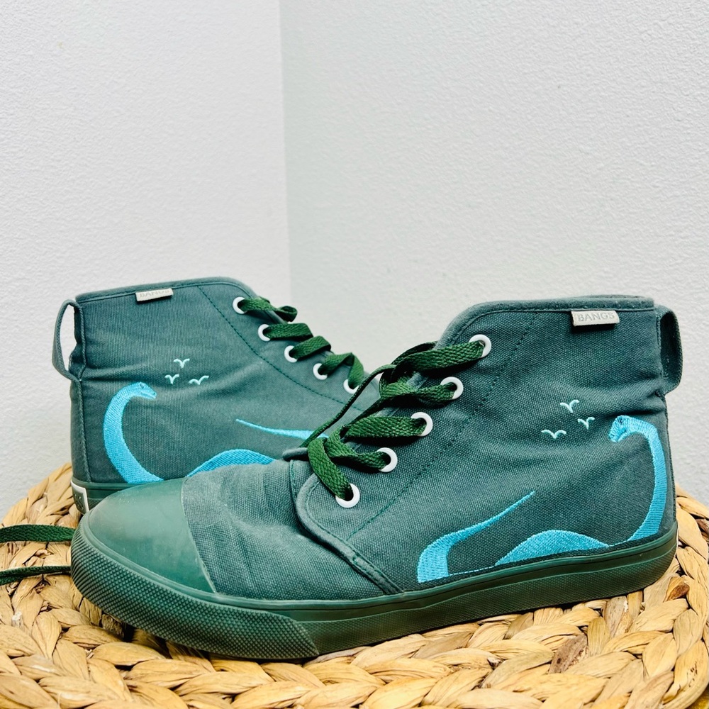 Bangs Shoes Prehistoric High Top Sneaker Vegan Footwear Green Blue Embroidered - Picture 5 of 9